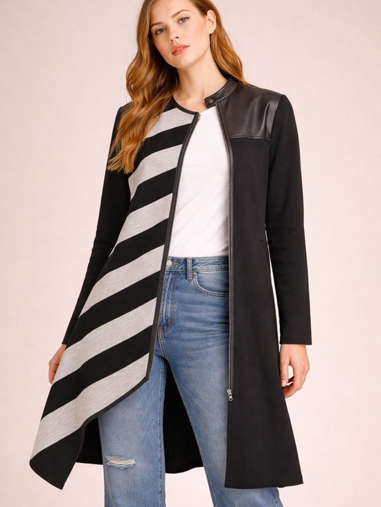 Metamorphoza Jackets & Blazers - METAMORPHOZA  Black Trench dress coat  with Gray Stripe Panel